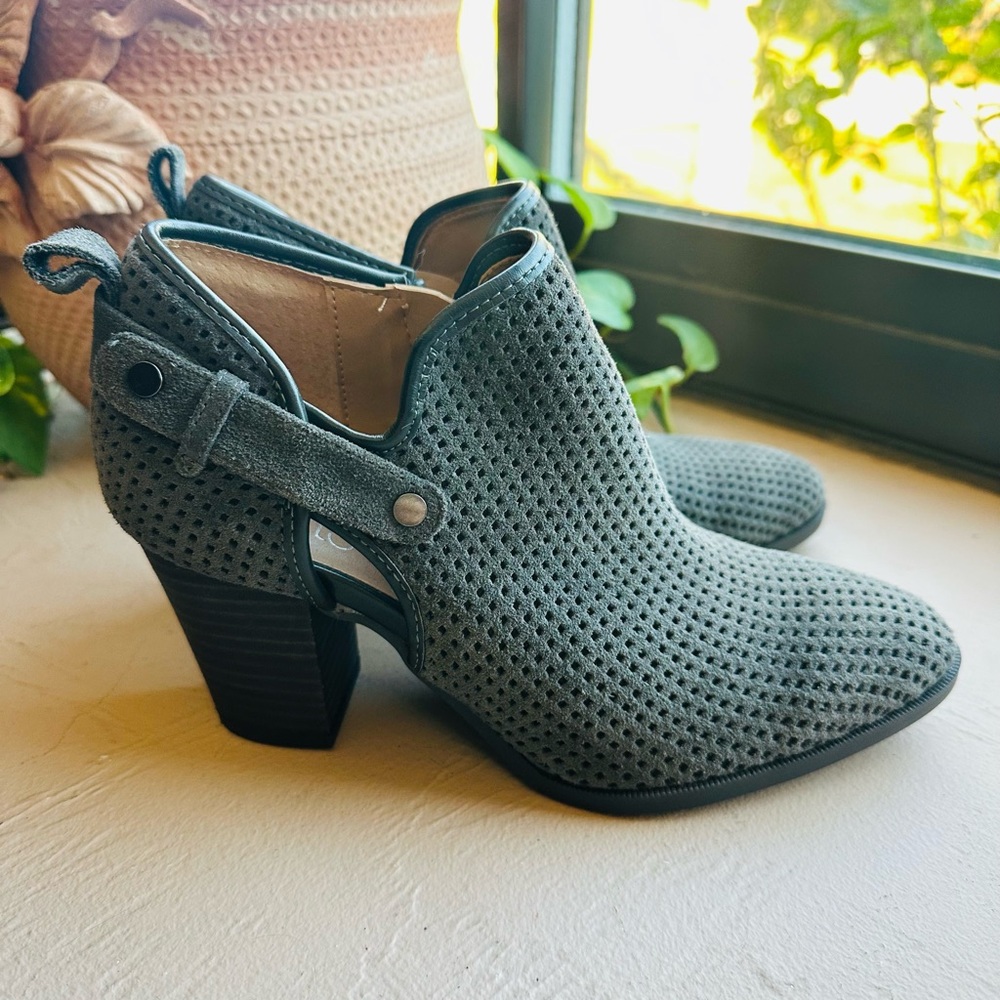 Franco Sarto Charcoal Perforated Leather Ankle Booties Size 7.5